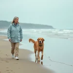 Femme et chien marchant sur la plage d Hendaye