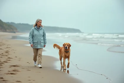 Femme et chien marchant sur la plage d Hendaye