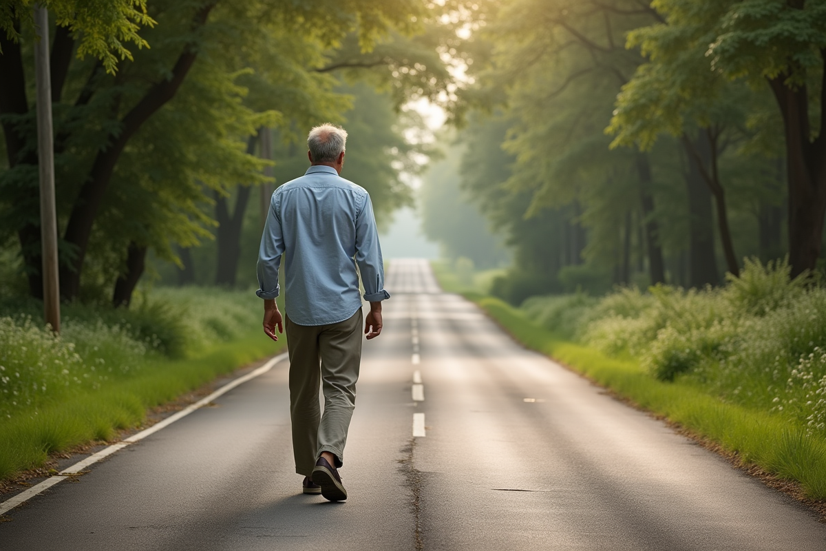 Homme dans la nature marchant seul sur un chemin rural