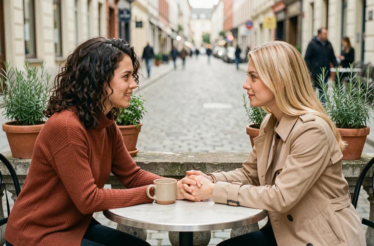 Deux amies en conversation bienveillante à la terrasse d'un café, illustrant le soutien et l'espoir que transmettent les proverbes sur la tristesse