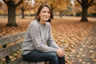Femme pensive assise sur un banc en automne, exprimant une tristesse apaisée et une résilience intérieure face aux épreuves de la vie