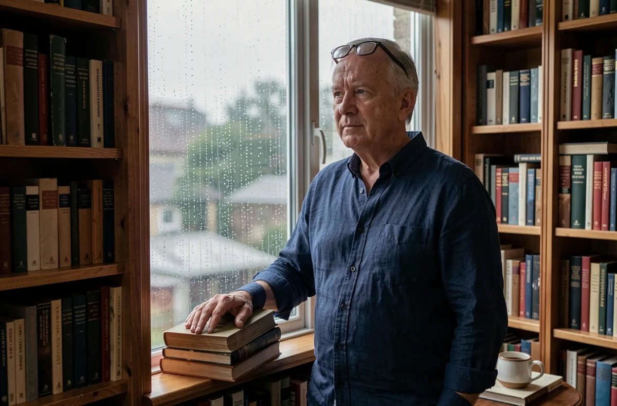 Homme mature contemplatif devant une fenêtre pluvieuse entouré de livres, symbolisant la sagesse des proverbes pour surmonter la tristesse
