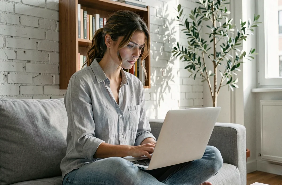Jeune femme cherchant des appareils high-tech d'occasion sur un site d'annonces italien depuis son canapé