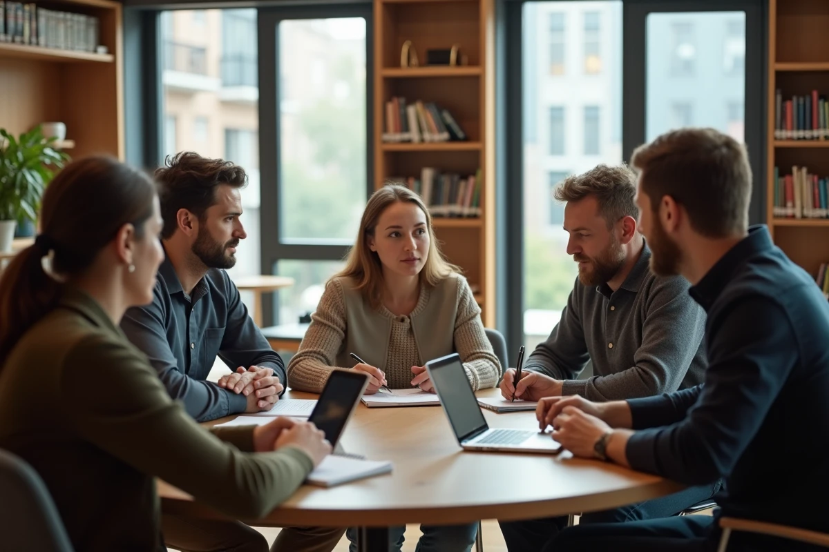 Adultes en discussion dans une bibliothèque lumineuse