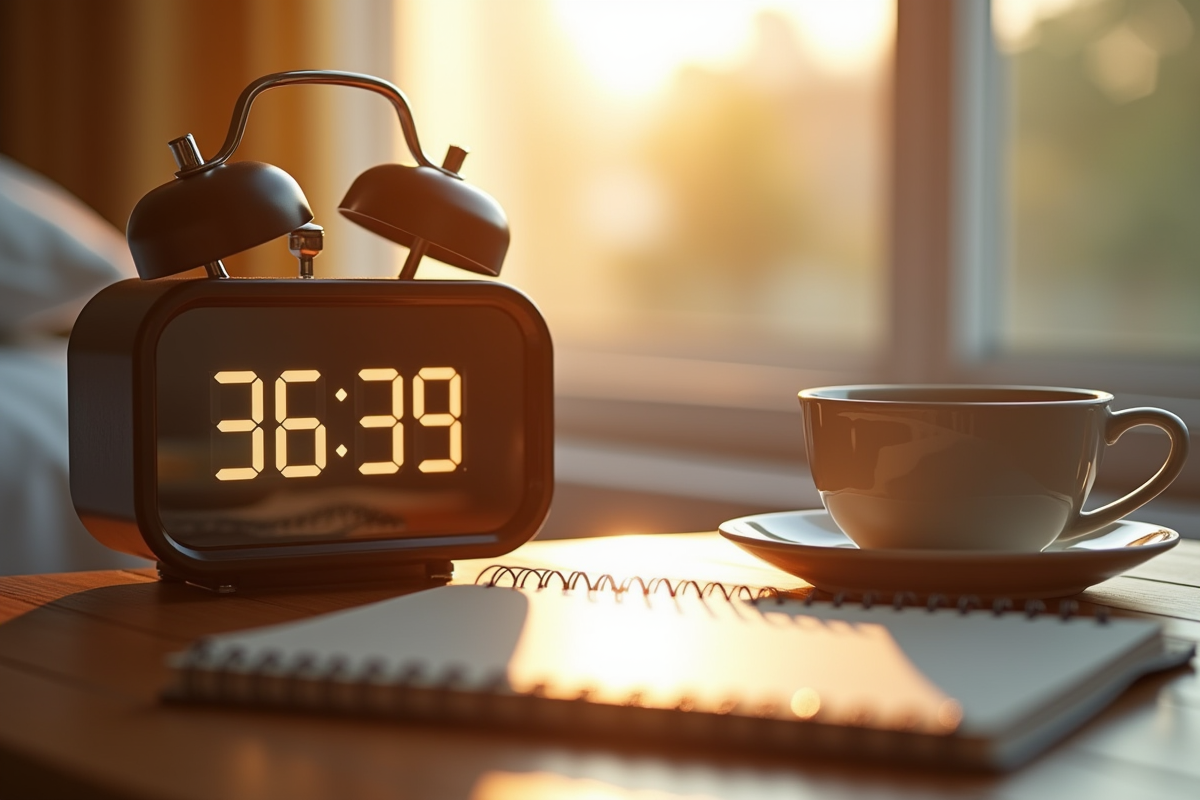 Reveil digital affichant 36h39 avec tasse et carnet au matin