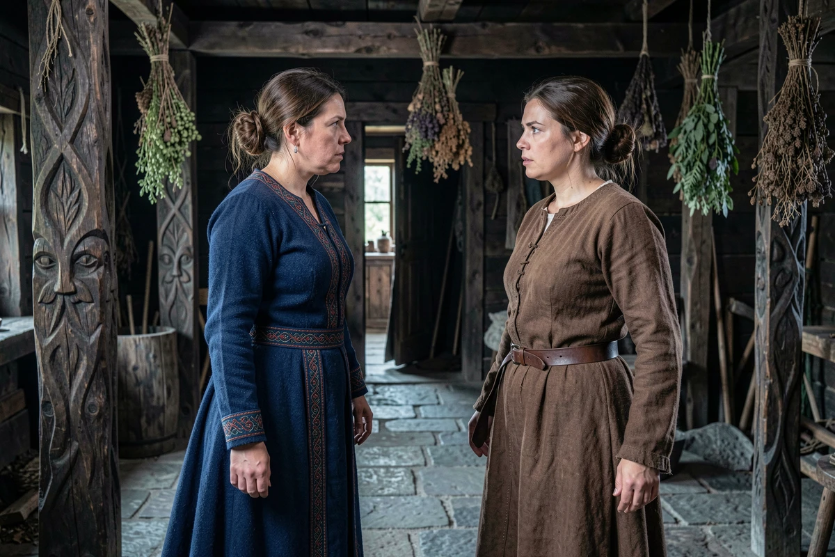 Deux femmes vikings en confrontation silencieuse dans un intérieur nordique médiéval, illustrant la rivalité féminine dans l'univers de la série Vikings