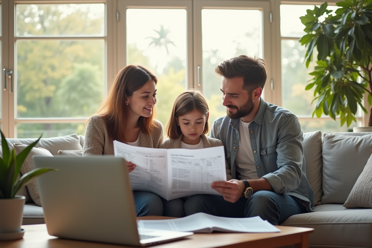Famille lisant des papiers financiers dans un salon lumineux