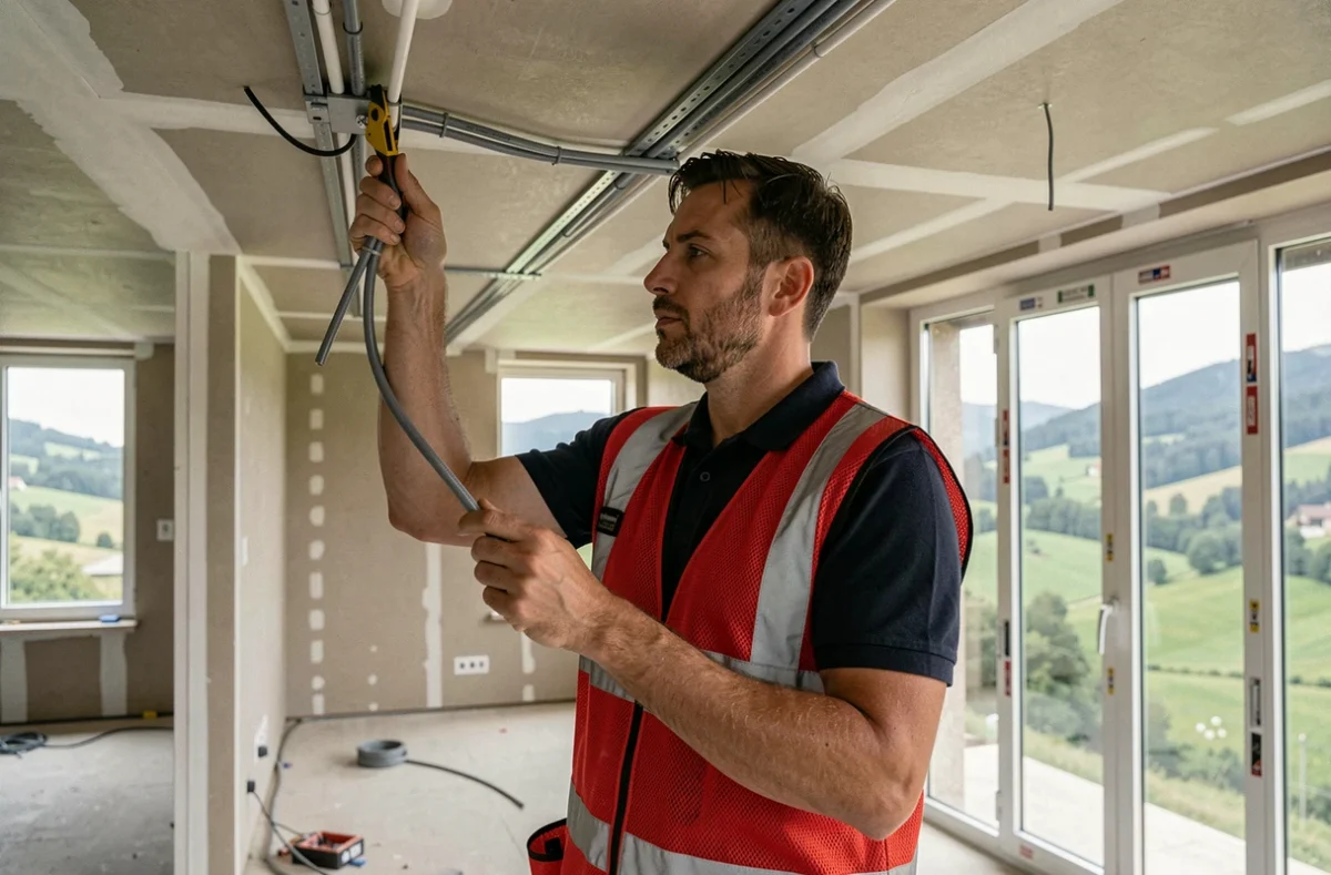 Électricien SAS Ramousse installant des conduits électriques au plafond d'un bâtiment commercial en construction dans le Jura