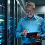 Scientifique observant un serveur de quantum dans un laboratoire futuriste