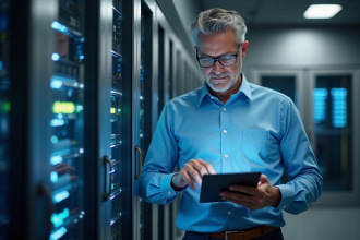 Scientifique observant un serveur de quantum dans un laboratoire futuriste