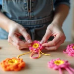 Mains féminines tressant un scoubidou en forme de fleur coloré sur une table en bois, porte-clés artisanal en cours de réalisation