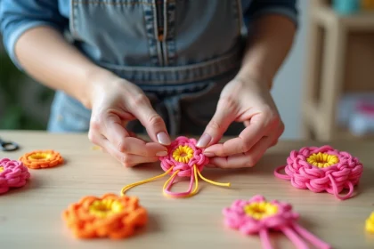 Mains féminines tressant un scoubidou en forme de fleur coloré sur une table en bois, porte-clés artisanal en cours de réalisation