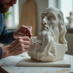 Artiste sculptant une statue cubiste dans un studio lumineux