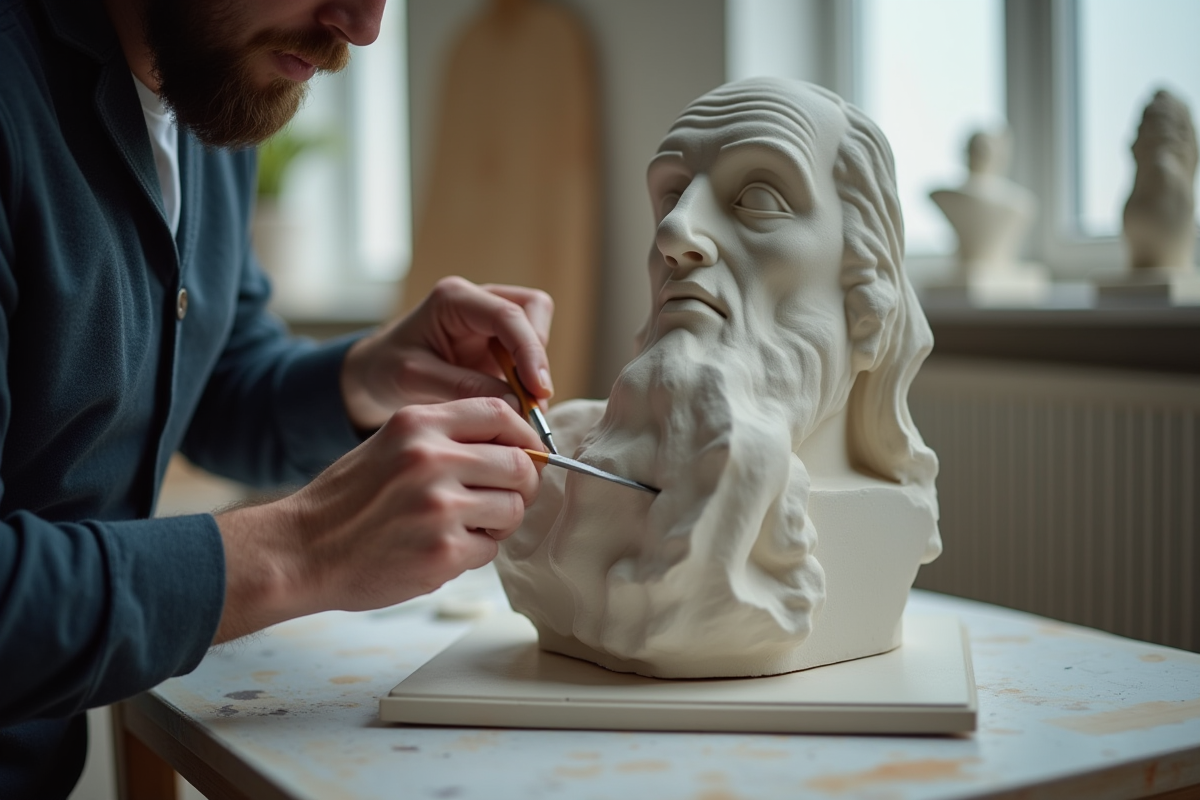 Artiste sculptant une statue cubiste dans un studio lumineux