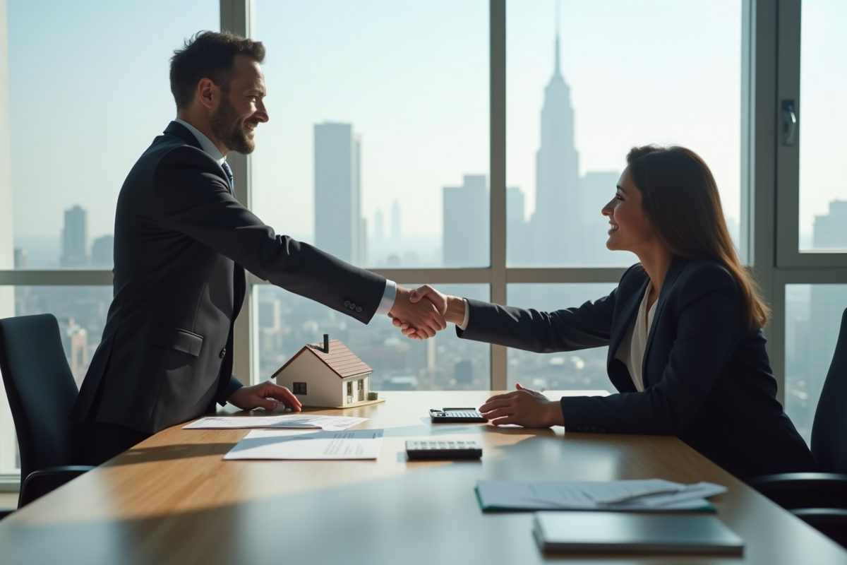 Poignée de main entre un avocat et un client dans une salle lumineuse