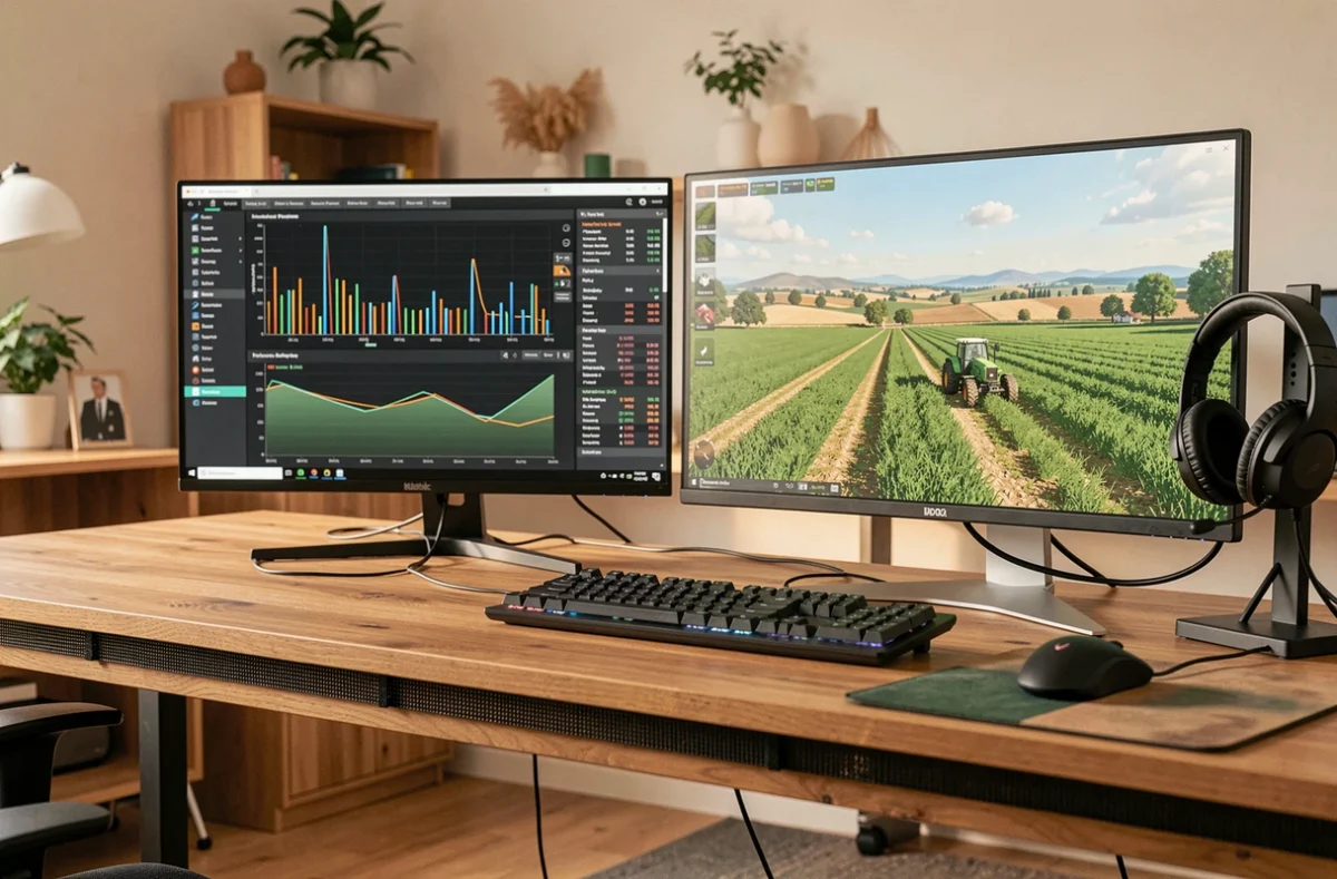 Configuration PC double écran pour tester les performances de Simagri France 3 avec statistiques de jeu affichées