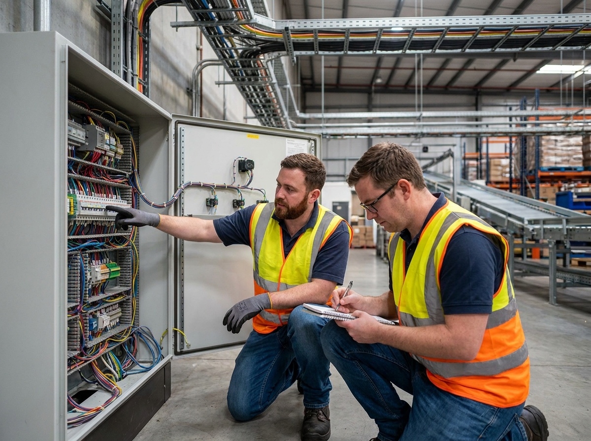 Deux spécialistes en automatisation examinant le câblage d'une armoire de contrôle industrielle avant démarrage