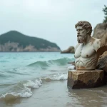 Statue grecque antique en marbre d'un dieu de la mer émergent d'un bassin rocheux sur le littoral méditerranéen