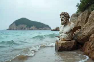 Statue grecque antique en marbre d'un dieu de la mer émergent d'un bassin rocheux sur le littoral méditerranéen