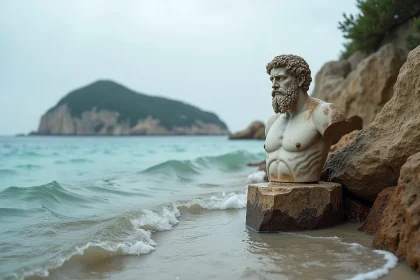 Statue grecque antique en marbre d'un dieu de la mer émergent d'un bassin rocheux sur le littoral méditerranéen