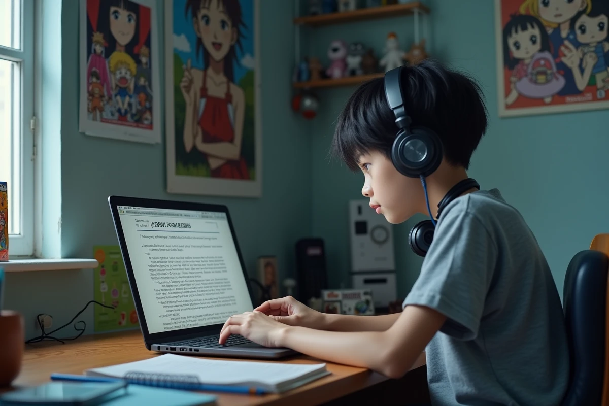 Adolescent suivant ses séries de manga en cours sur un ordinateur portable dans sa chambre décorée d'affiches anime