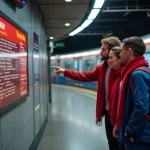 Groupe de supporters consultant le plan du métro de Toulouse avant un match sur le quai d'une station moderne