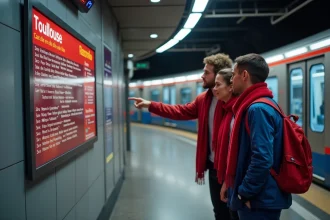 Groupe de supporters consultant le plan du métro de Toulouse avant un match sur le quai d'une station moderne