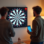 Groupe d'amis jouant au dart électronique dans un salon lumineux
