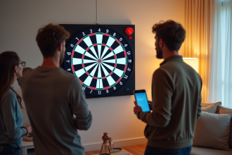 Groupe d'amis jouant au dart électronique dans un salon lumineux