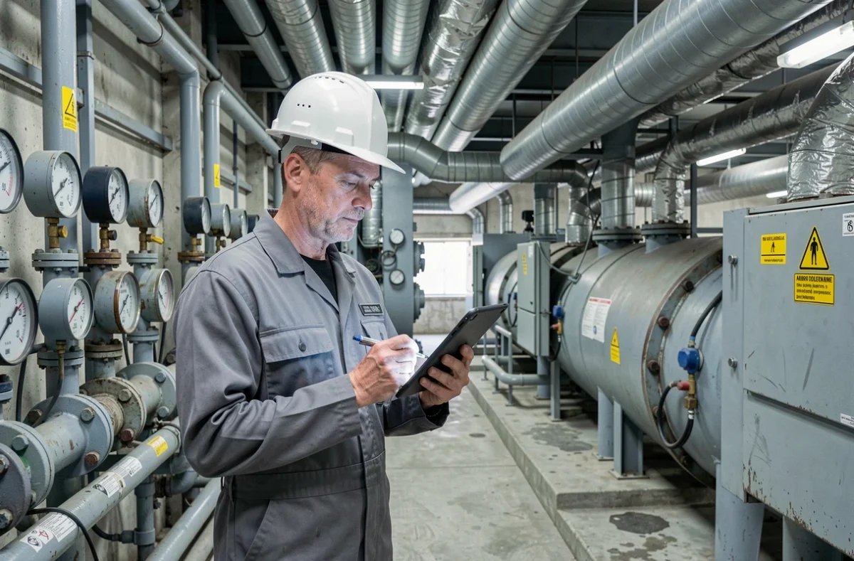 Ingénieur Techni-Chauf Industrie inspectant une chaufferie industrielle avec tablette de diagnostic