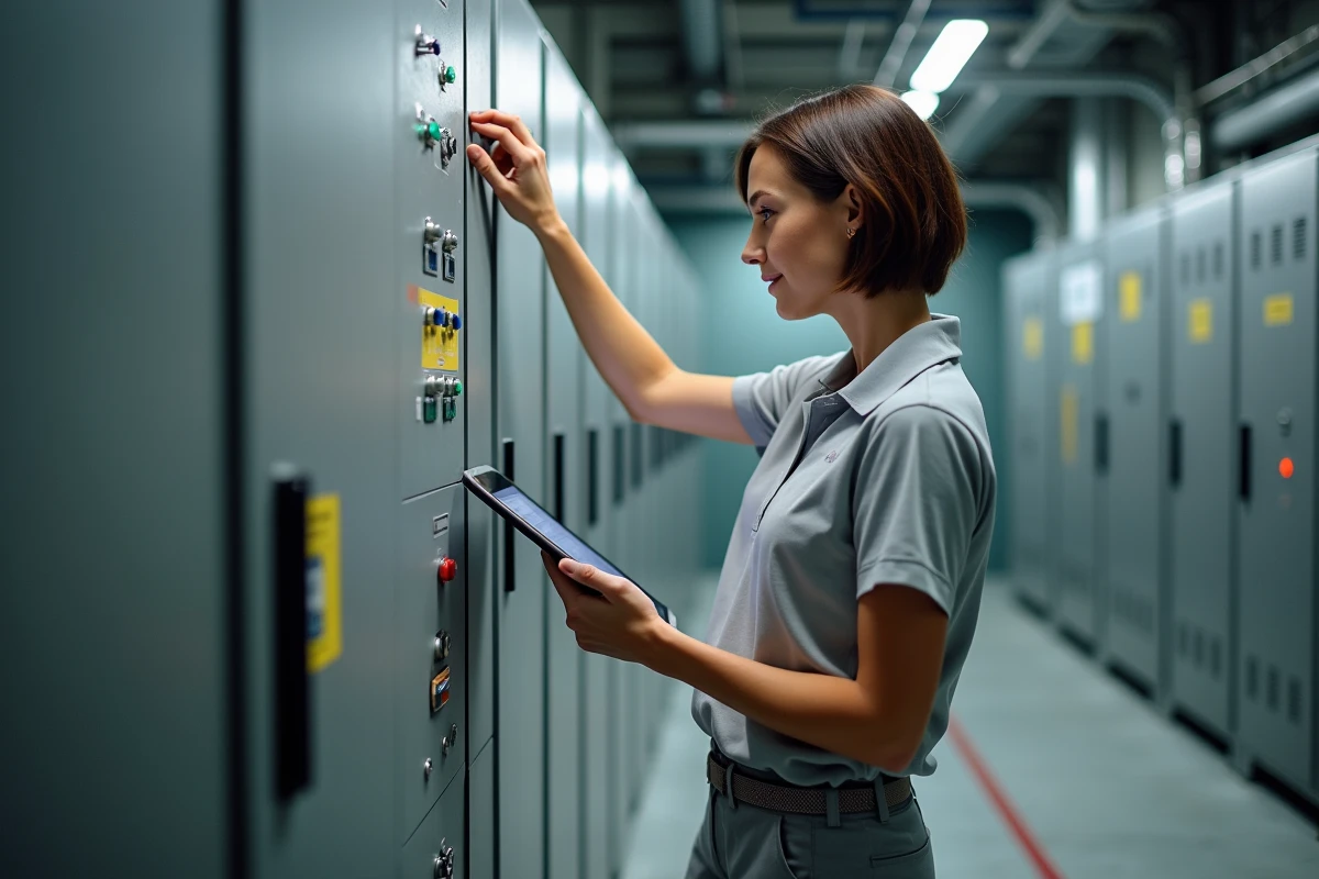 Technicienne installant un panneau de blindage electromagnetique