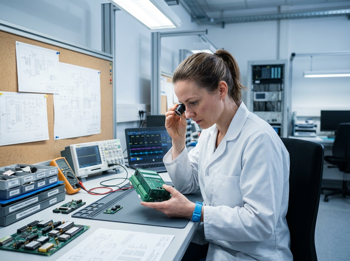 Technicienne inspectant un automate programmable avant la mise en route d'un système automatisé