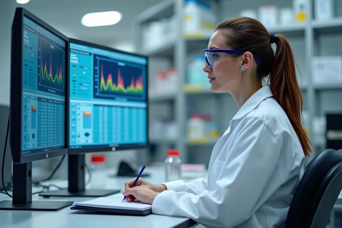 Technicienne analysant des courbes de suivi de procédés sur un logiciel de supervision industrielle en laboratoire