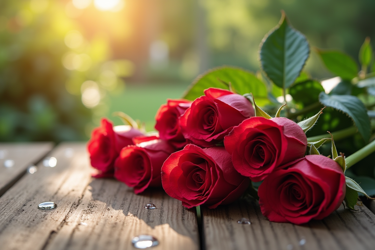 Tiges de roses fraîches avec feuilles sur une table en bois