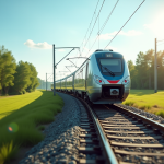 Train passager moderne sur voie en campagne ensoleillée