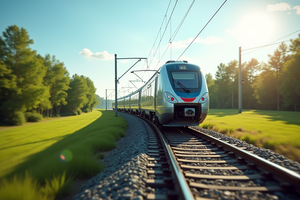 Train passager moderne sur voie en campagne ensoleillée