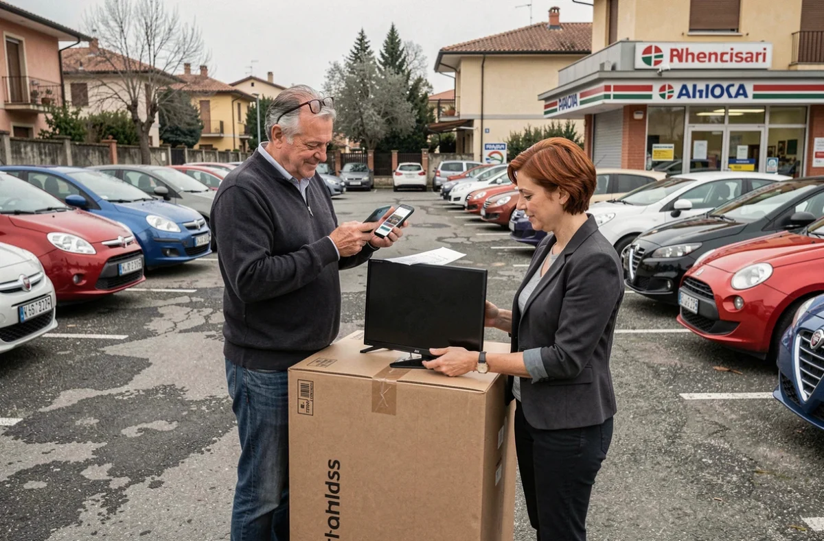 Transaction en personne lors d'un achat d'écran TV d'occasion entre particuliers en Italie
