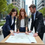Groupe d urbanistes discutant d une carte en ville