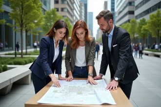 Groupe d urbanistes discutant d une carte en ville