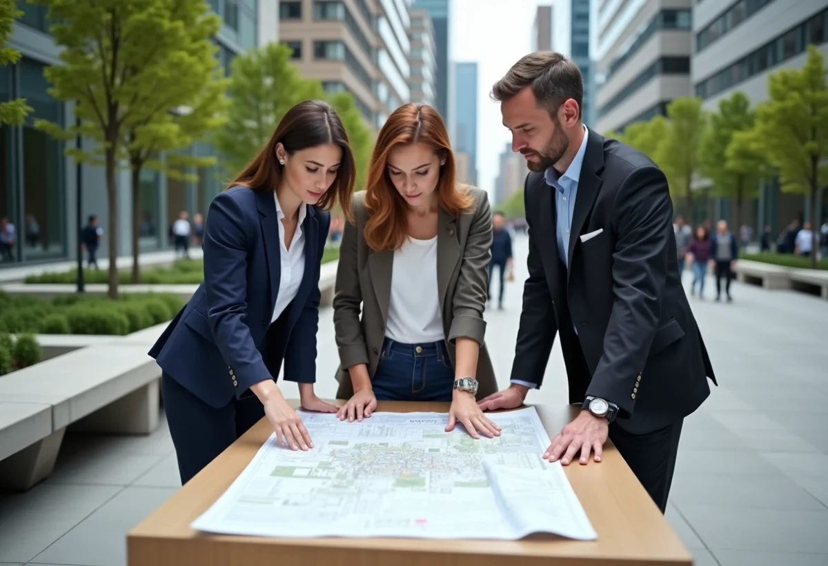 Groupe d urbanistes discutant d une carte en ville