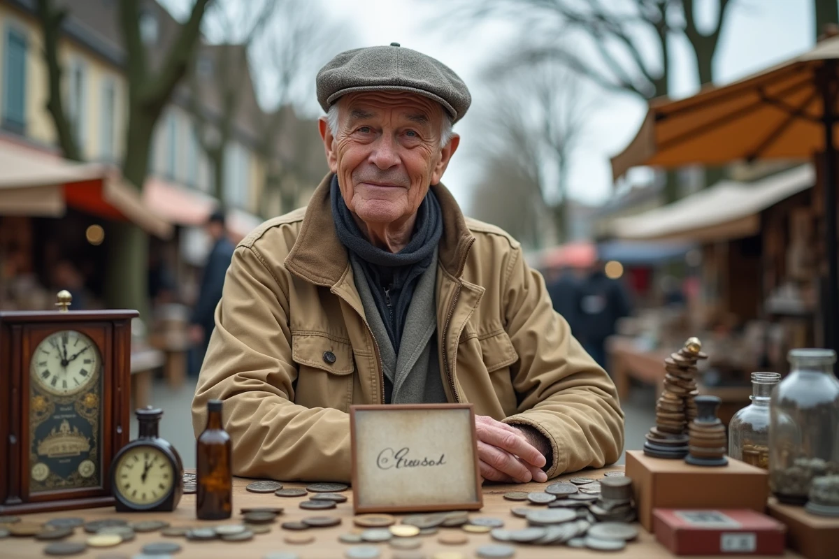 Vendeur âgé assis derrière sa table de vide grenier avec collection d'objets anciens, monnaies et cartes postales vintage dans le Finistère