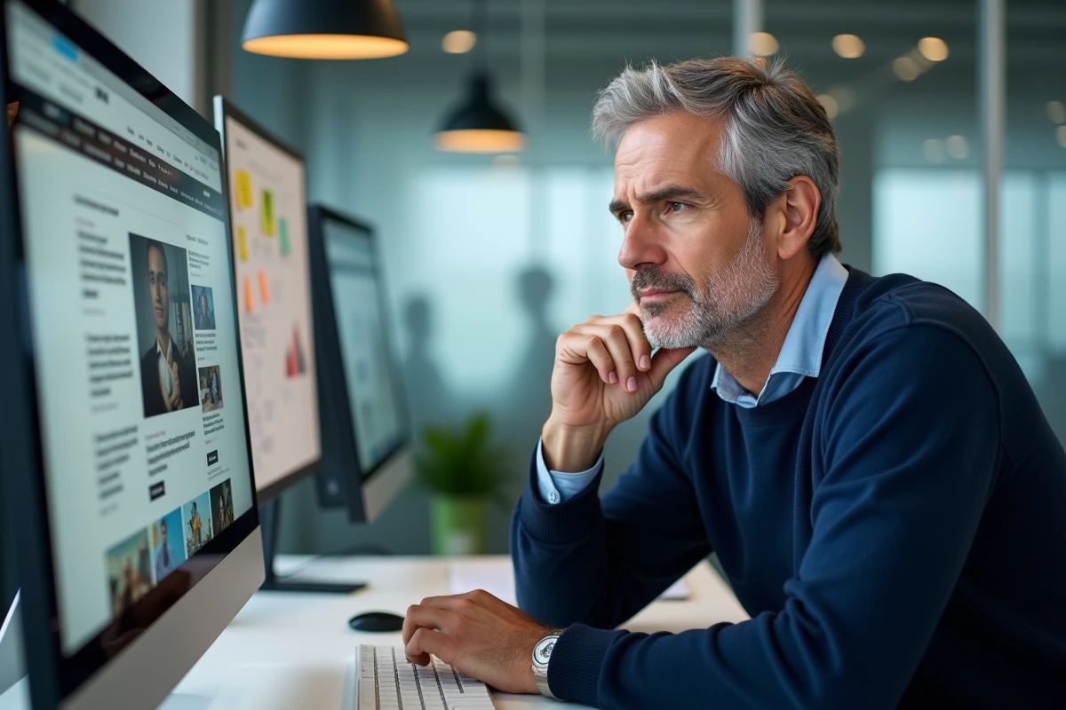 Rédacteur en chef examinant un site d'information en ligne sur un ordinateur de bureau dans un bureau moderne