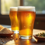 Verre de bière dorée fraîchement versée sur une table en bois