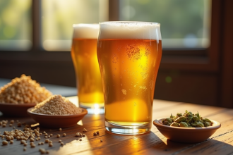 Verre de bière dorée fraîchement versée sur une table en bois