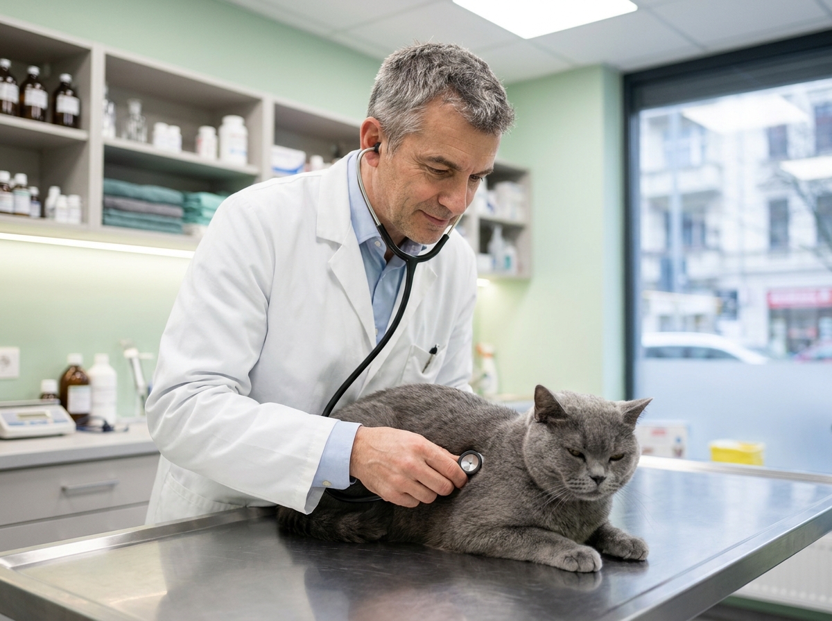 Vétérinaire examinant un chat British Shorthair en clinique, représentant les soins couverts par une mutuelle chat