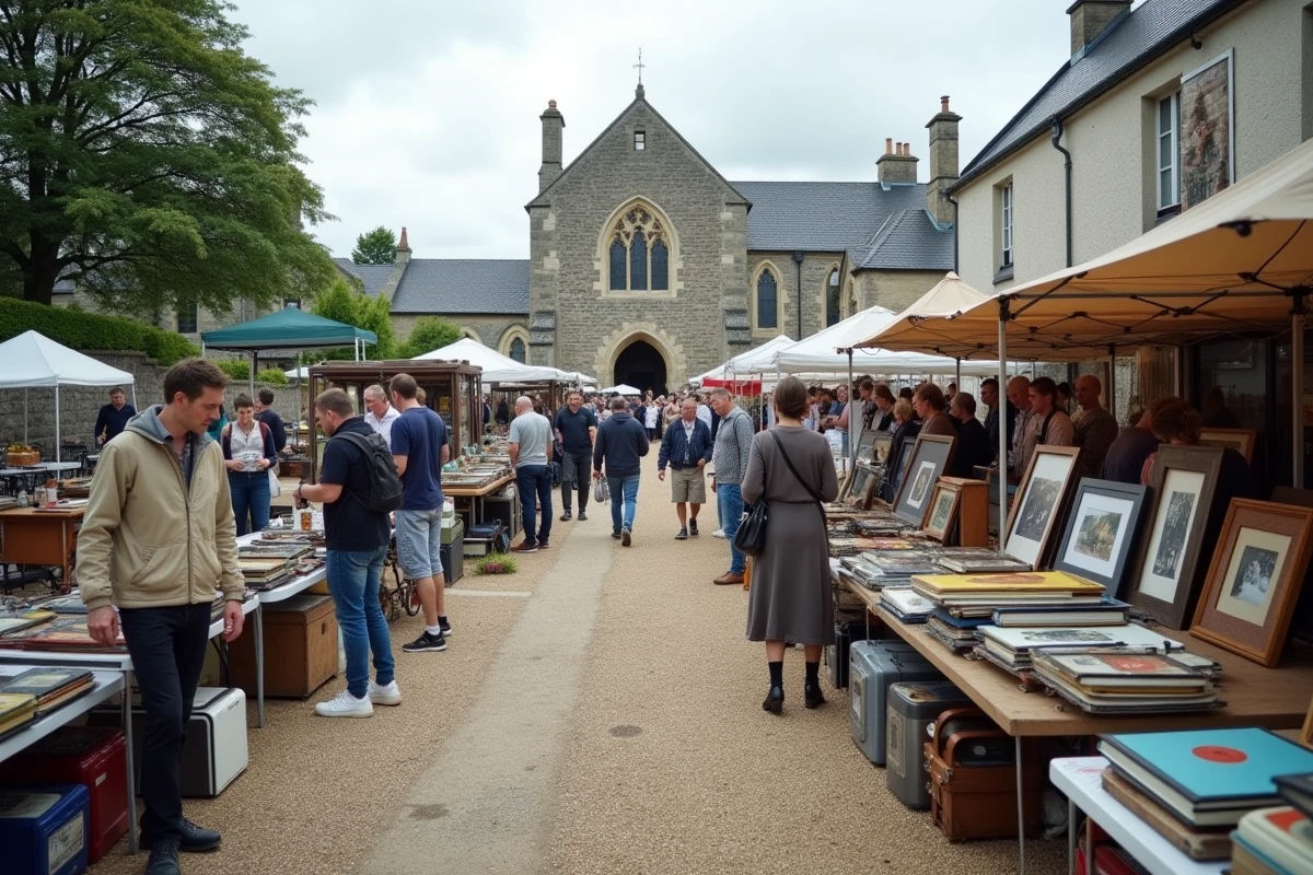 Vue panoramique d'un grand vide grenier en plein air dans une place de village du Finistère, foule de visiteurs et tables d'objets d'occasion
