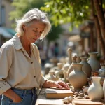 Femme examinant un vase ancien lors d'un vide grenier en Bretagne, marché de plein air avec objets vintage et livres d'occasion