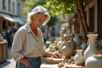 Femme examinant un vase ancien lors d'un vide grenier en Bretagne, marché de plein air avec objets vintage et livres d'occasion