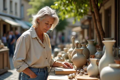 Femme examinant un vase ancien lors d'un vide grenier en Bretagne, marché de plein air avec objets vintage et livres d'occasion