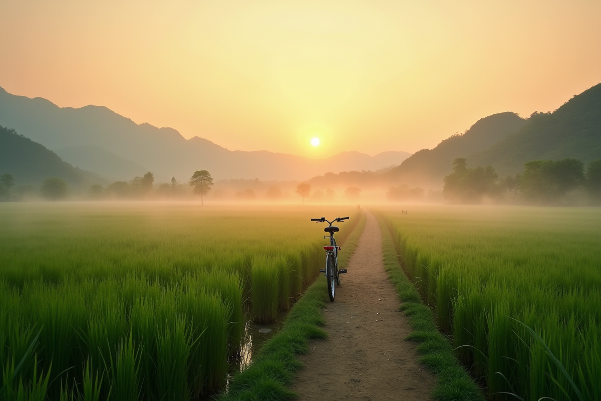 Village rural asiatique au lever du soleil avec rizières et montagne
